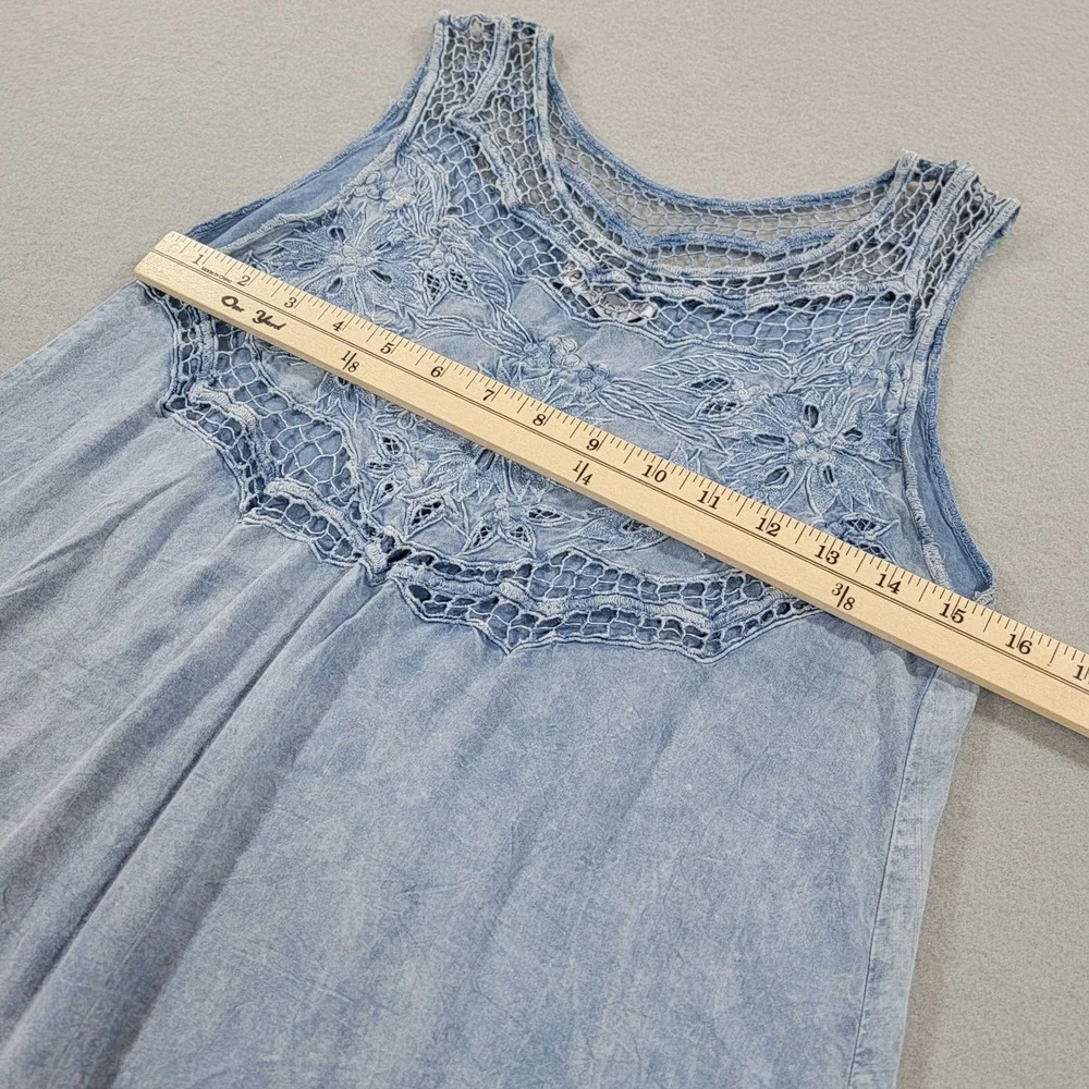 Tiare Hawaii Boho Tunic Top Cover Up Blue Embroidered Lace Sleeveless OS Flowy - Picture 7 of 10